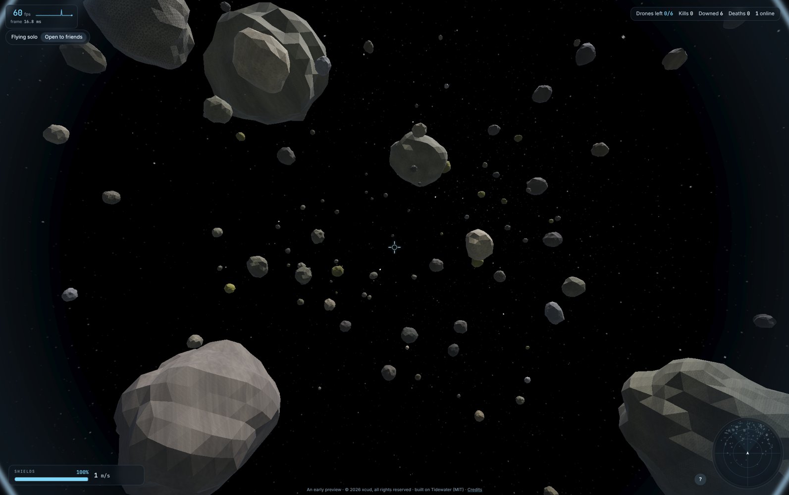 Inside a glass bubble ship among tumbling asteroids, a radar and shields on the canopy