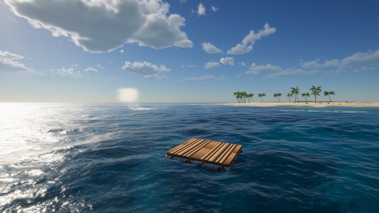 A small raft with a sail on a calm sea at sunrise, an island on the horizon