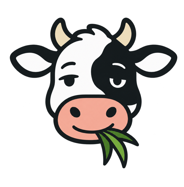 A cartoon cow chewing a tuft of grass, looking unimpressed