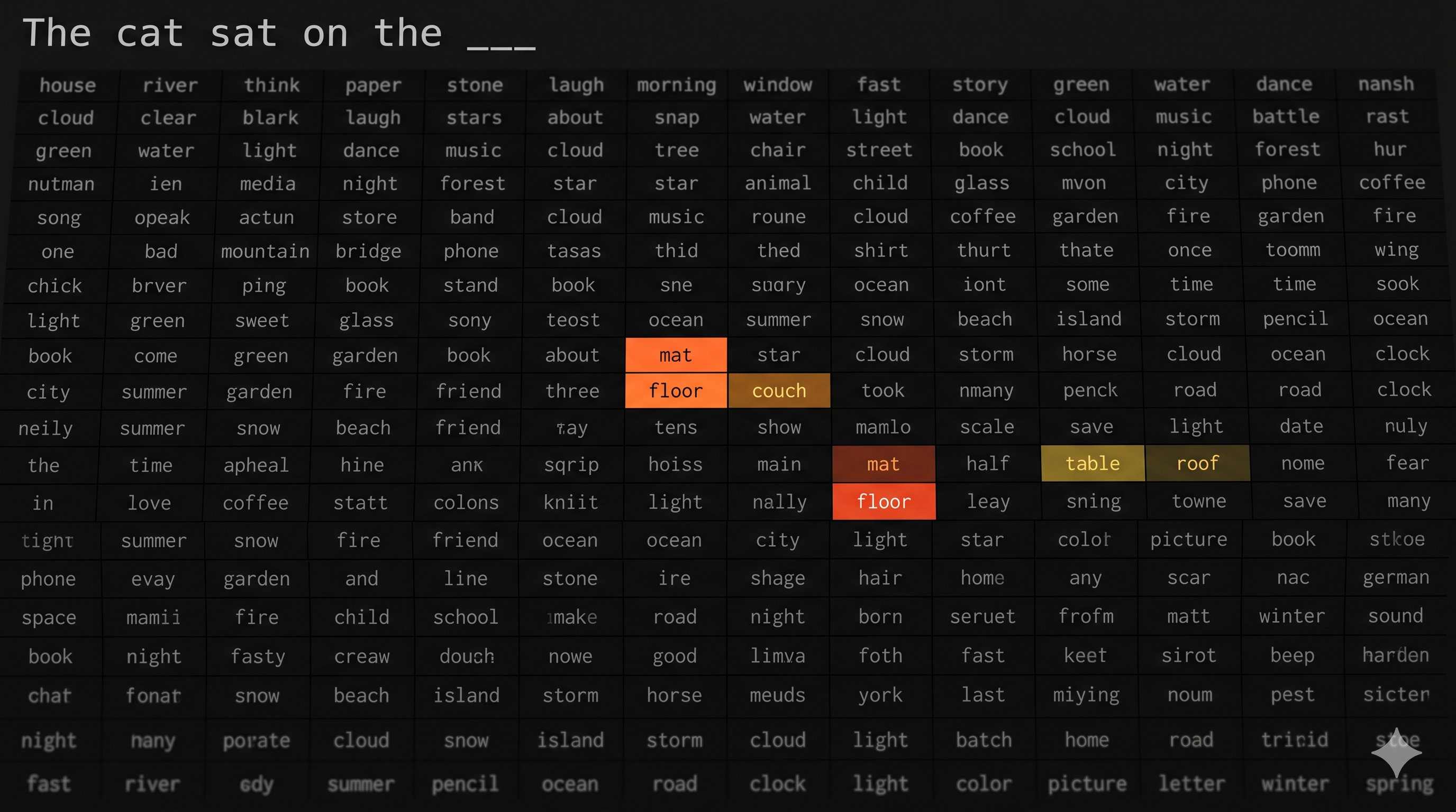Next-word prediction heatmap — a grid of vocabulary words with high-probability candidates like "mat," "floor," and "couch" glowing bright while thousands of others stay dark